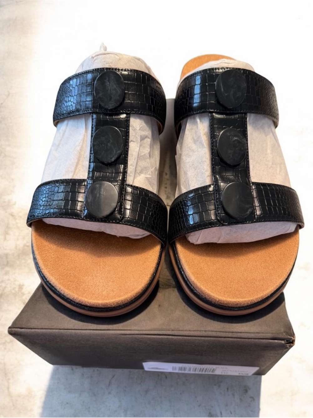 Vionic Black Croc-Texture Slide with Tan Sole
